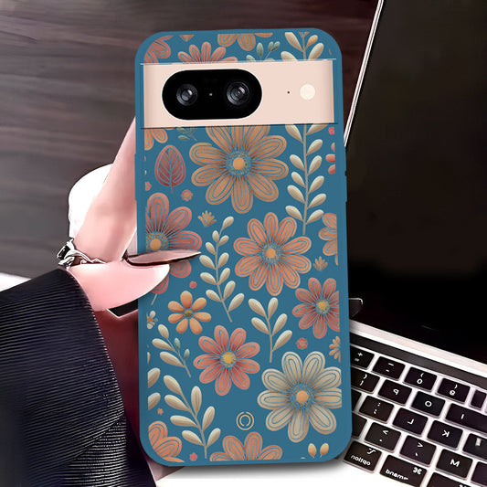 Google Pixel 8 Cover - Blue - D4 - ONation Floral Series - HQ Liquid Silicone Soft Case