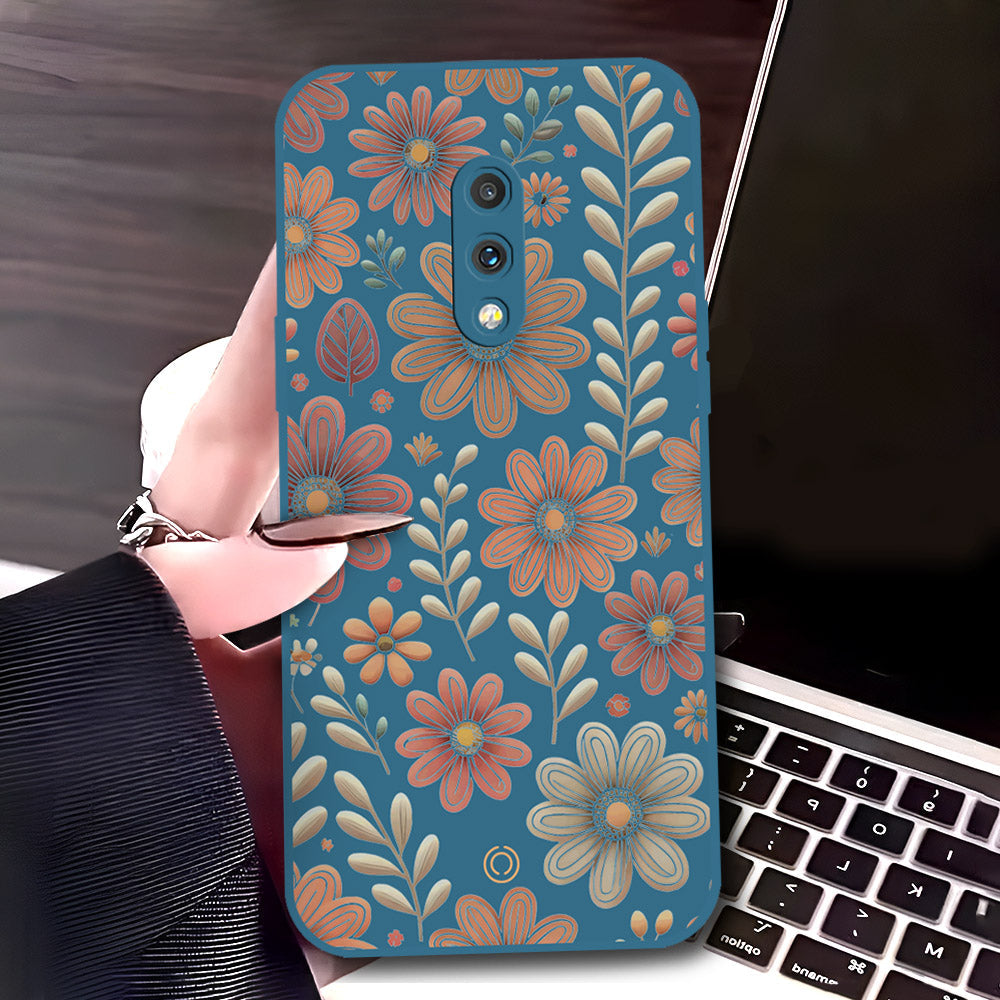 OnePlus 7 Cover - Blue - D4 - ONation Floral Series - HQ Liquid Silicone Soft Case