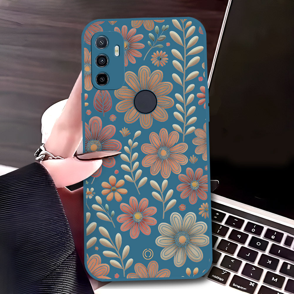 Oppo A32 Cover - Blue - D4 - ONation Floral Series - HQ Liquid Silicone Soft Case