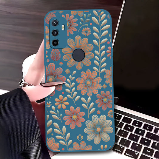 Oppo A32 Cover - Blue - D4 - ONation Floral Series - HQ Liquid Silicone Soft Case