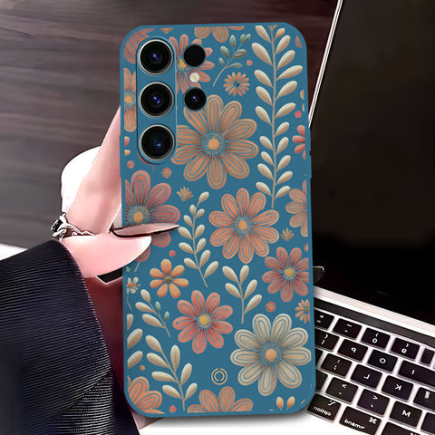 Samsung Galaxy S23 Ultra 5G Cover - Blue - D4 - ONation Floral Series - HQ Liquid Silicone Soft Case