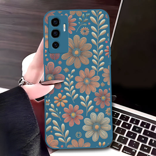 Vivo V23e 5G Cover - Blue - D4 - ONation Floral Series - HQ Liquid Silicone Soft Case
