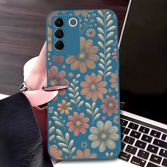 Vivo V27e Cover - Blue - D4 - ONation Floral Series - HQ Liquid Silicone Soft Case