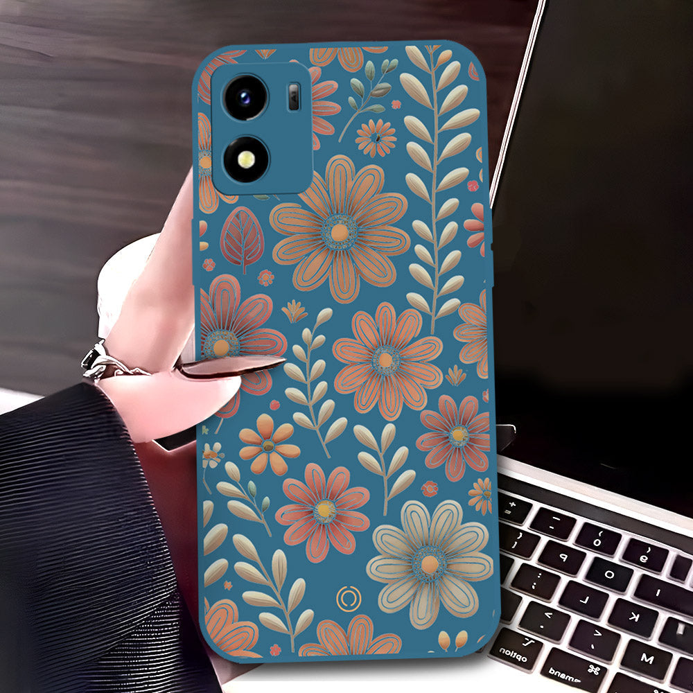 Vivo Y01 Cover - Blue - D4 - ONation Floral Series - HQ Liquid Silicone Soft Case