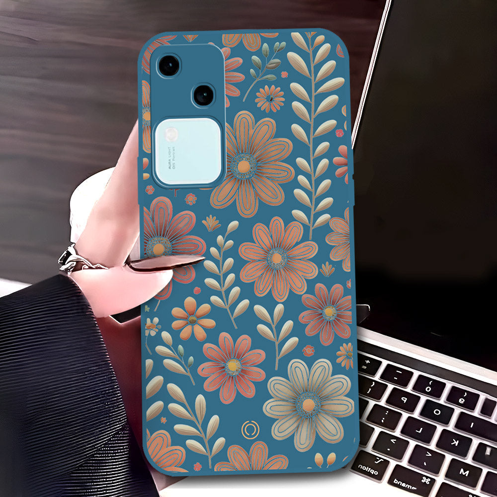 Vivo V30 Cover - Blue - D4 - ONation Floral Series - HQ Liquid Silicone Soft Case