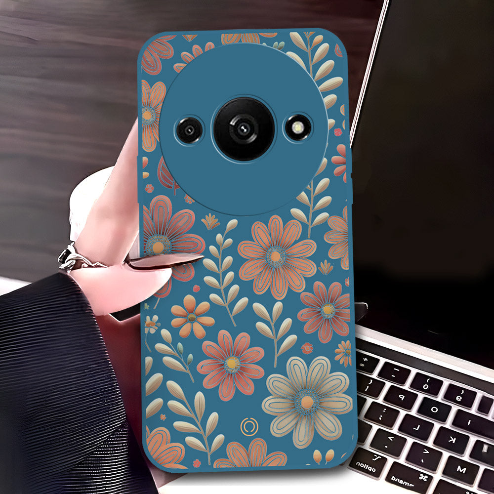 Xiaomi Redmi A3 Cover - Blue - D4 - ONation Floral Series - HQ Liquid Silicone Soft Case