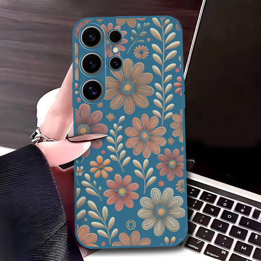 Samsung Galaxy S24 Ultra Cover - Blue - D4 - ONation Floral Series - HQ Liquid Silicone Soft Case