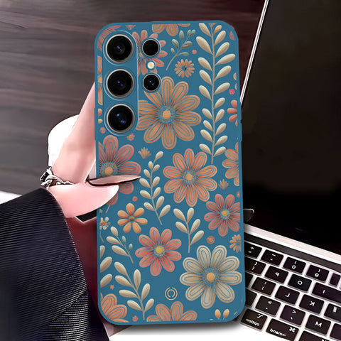 Samsung Galaxy S24 Ultra Cover - Blue - D4 - ONation Floral Series - HQ Liquid Silicone Soft Case