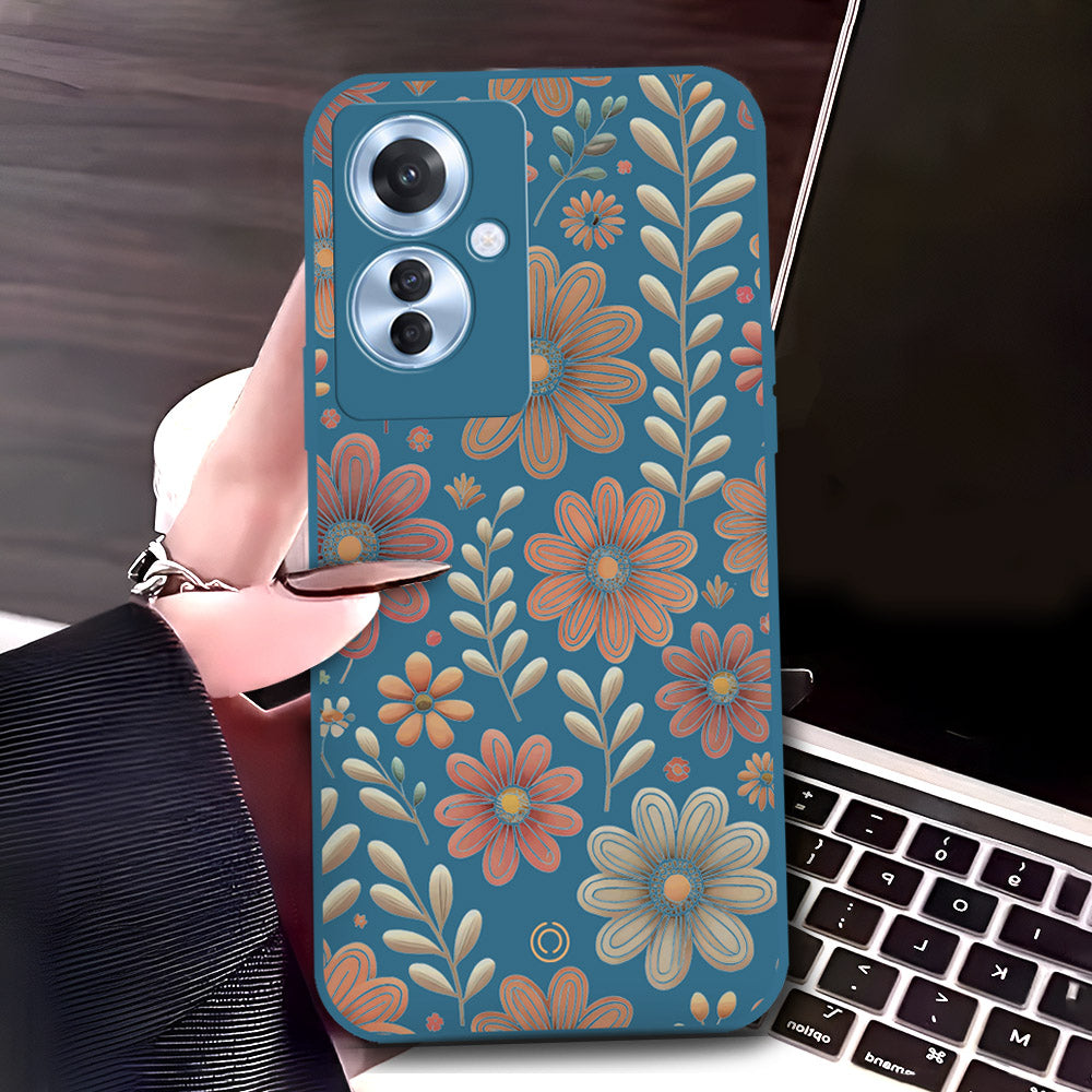 Oppo Reno 11F 5G Cover - Blue - D4 - ONation Floral Series - HQ Liquid Silicone Soft Case