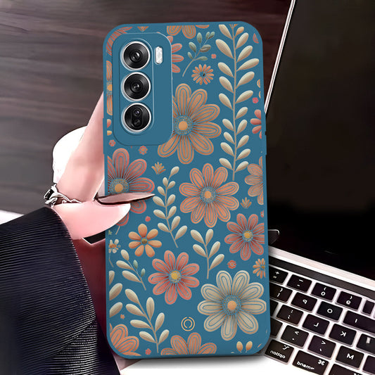 Oppo Reno 12 Cover - Blue - D4 - ONation Floral Series - HQ Liquid Silicone Soft Case