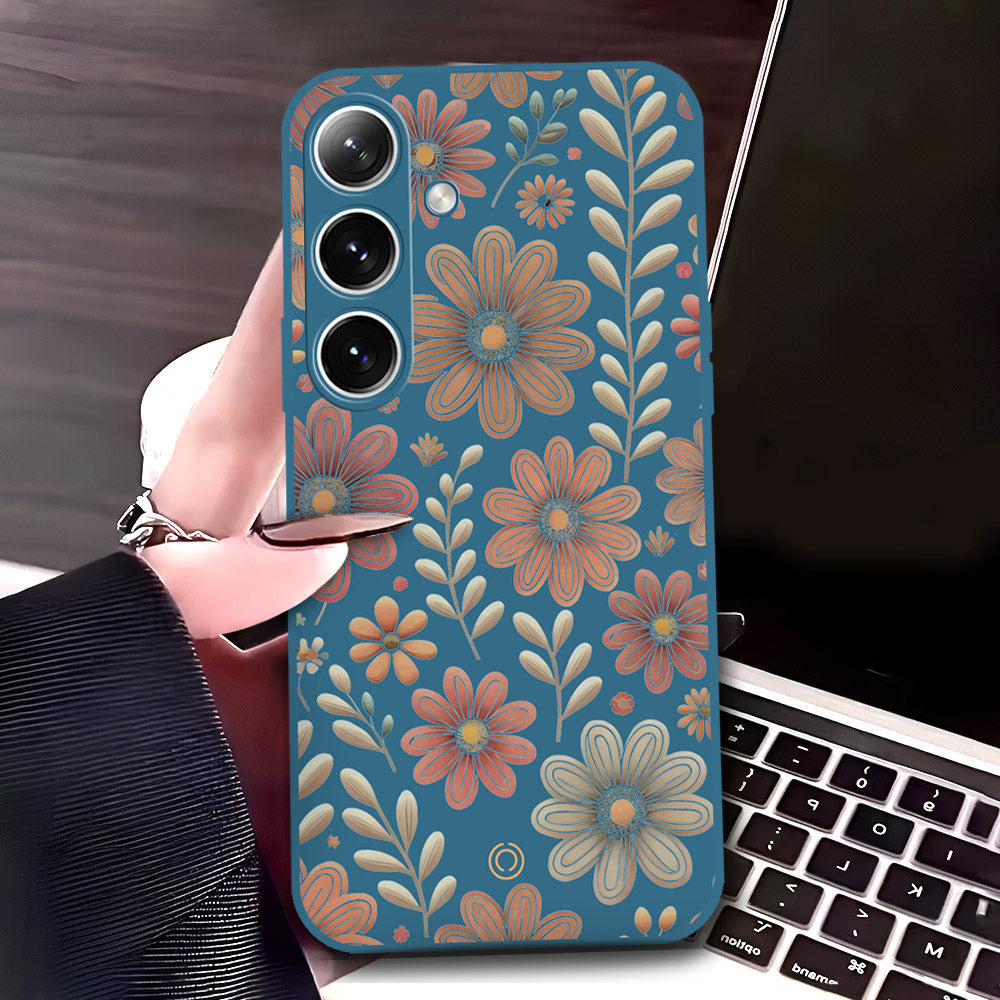 Samsung Galaxy S25 Cover - Blue - D4 - ONation Floral Series - HQ Liquid Silicone Soft Case
