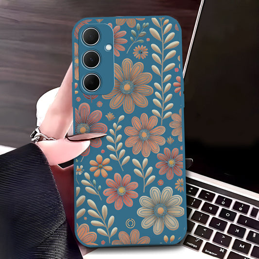 Samsung Galaxy A35 Cover - Blue - D4 - ONation Floral Series - HQ Liquid Silicone Soft Case