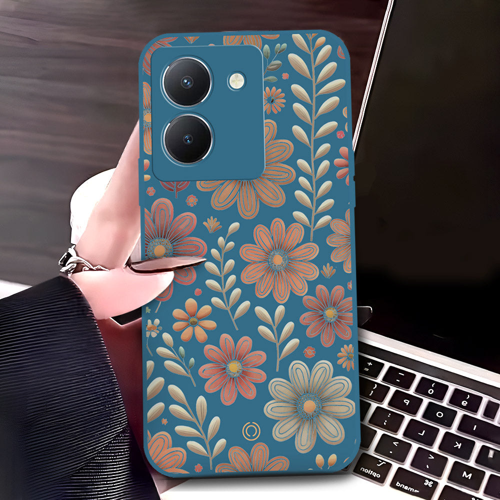 Vivo Y36 4G Cover - Blue - D4 - ONation Floral Series - HQ Liquid Silicone Soft Case