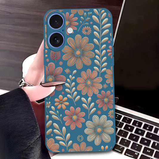 iPhone 16 Cover - Blue - D4 - ONation Floral Series - HQ Liquid Silicone Soft Case