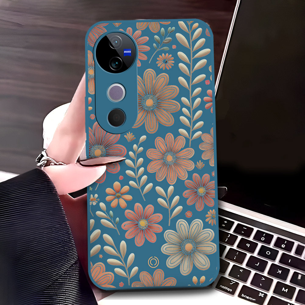 Vivo V40 Pro Cover - Blue - D4 - ONation Floral Series - HQ Liquid Silicone Soft Case