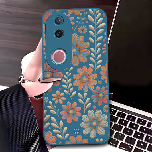 Vivo V50 Cover - Blue - D4 - ONation Floral Series - HQ Liquid Silicone Soft Case
