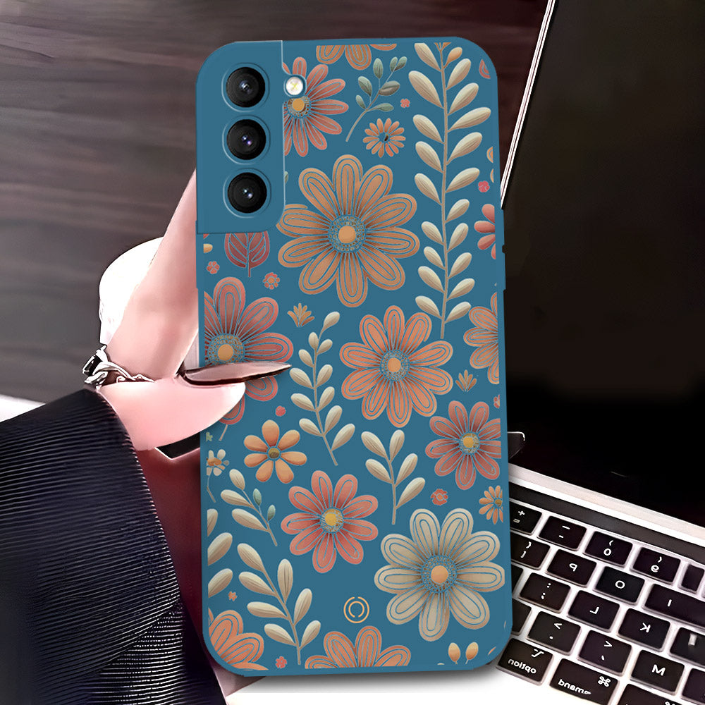Samsung Galaxy S21 FE 5G Cover - Blue - D4 - ONation Floral Series - HQ Liquid Silicone Soft Case