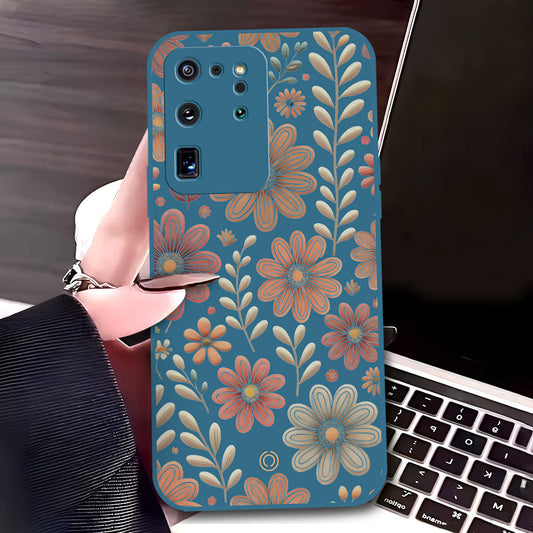 Samsung Galaxy S20 Ultra Cover - Blue - D4 - ONation Floral Series - HQ Liquid Silicone Soft Case
