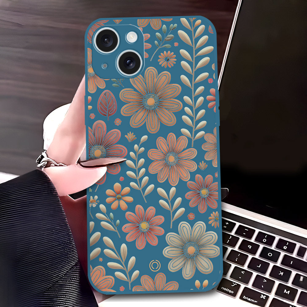 iPhone 15 Pro Cover - Blue - D4 - ONation Floral Series - HQ Liquid Silicone Soft Case