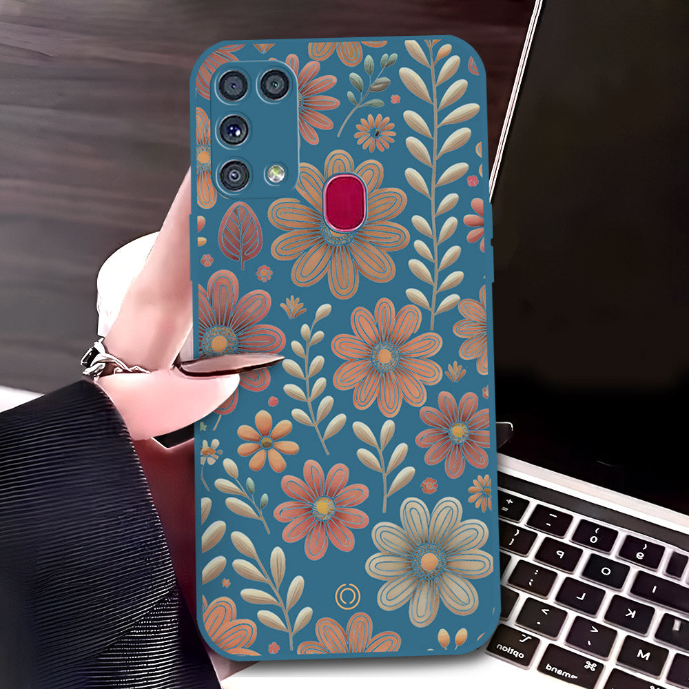 Samsung Galaxy M31 Cover - Blue - D4 - ONation Floral Series - HQ Liquid Silicone Soft Case