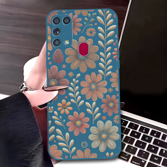 Samsung Galaxy M31 Cover - Blue - D4 - ONation Floral Series - HQ Liquid Silicone Soft Case