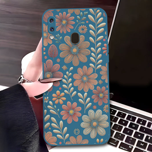 Samsung Galaxy A30 Cover - Blue - D4 - ONation Floral Series - HQ Liquid Silicone Soft Case