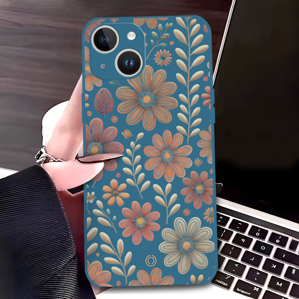 iPhone 14 Pro Cover - Blue - D4 - ONation Floral Series - HQ Liquid Silicone Soft Case