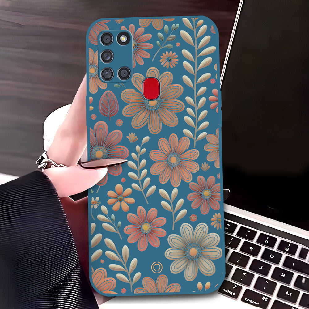 Samsung Galaxy A21s Cover - Blue - D4 - ONation Floral Series - HQ Liquid Silicone Soft Case