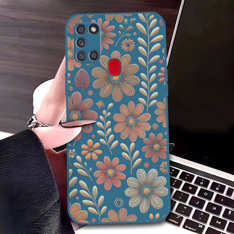 Samsung Galaxy A21s Cover - Blue - D4 - ONation Floral Series - HQ Liquid Silicone Soft Case