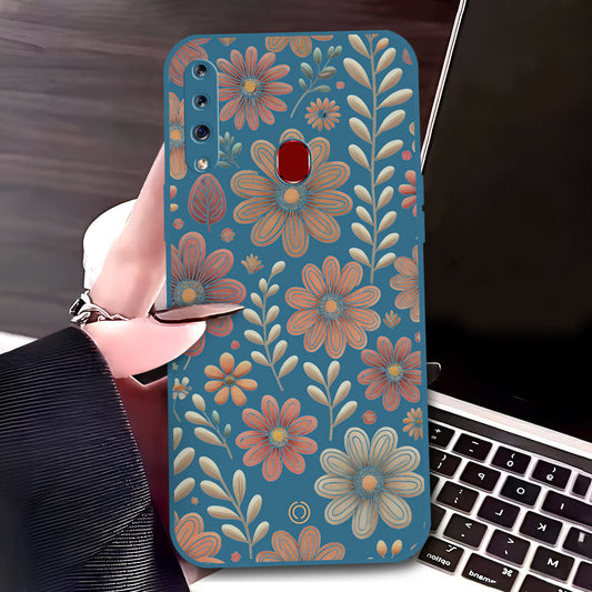 Samsung Galaxy A20s Cover - Blue - D4 - ONation Floral Series - HQ Liquid Silicone Soft Case