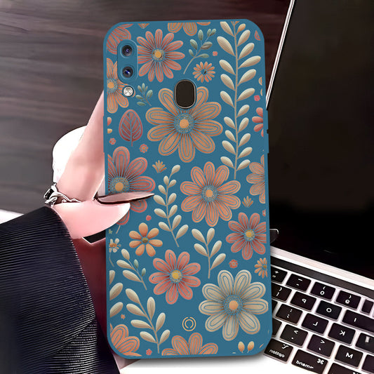 Samsung Galaxy A20 Cover - Blue - D4 - ONation Floral Series - HQ Liquid Silicone Soft Case