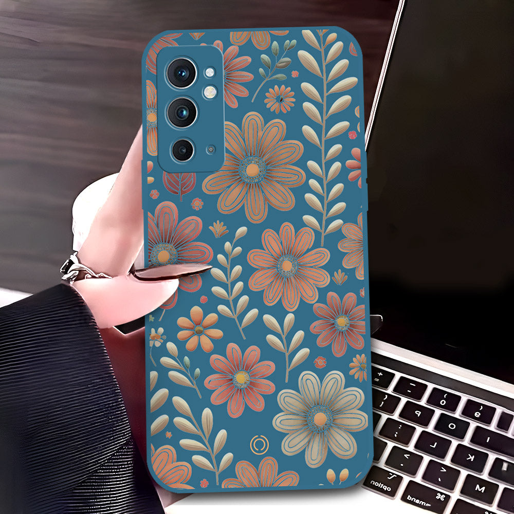 OnePlus 9RT 5G Cover - Blue - D4 - ONation Floral Series - HQ Liquid Silicone Soft Case