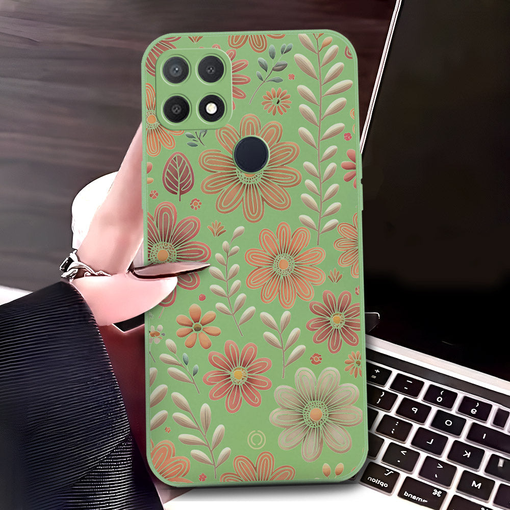 Oppo A15 Cover - Light Green - D4 - ONation Floral Series - HQ Liquid Silicone Soft Case