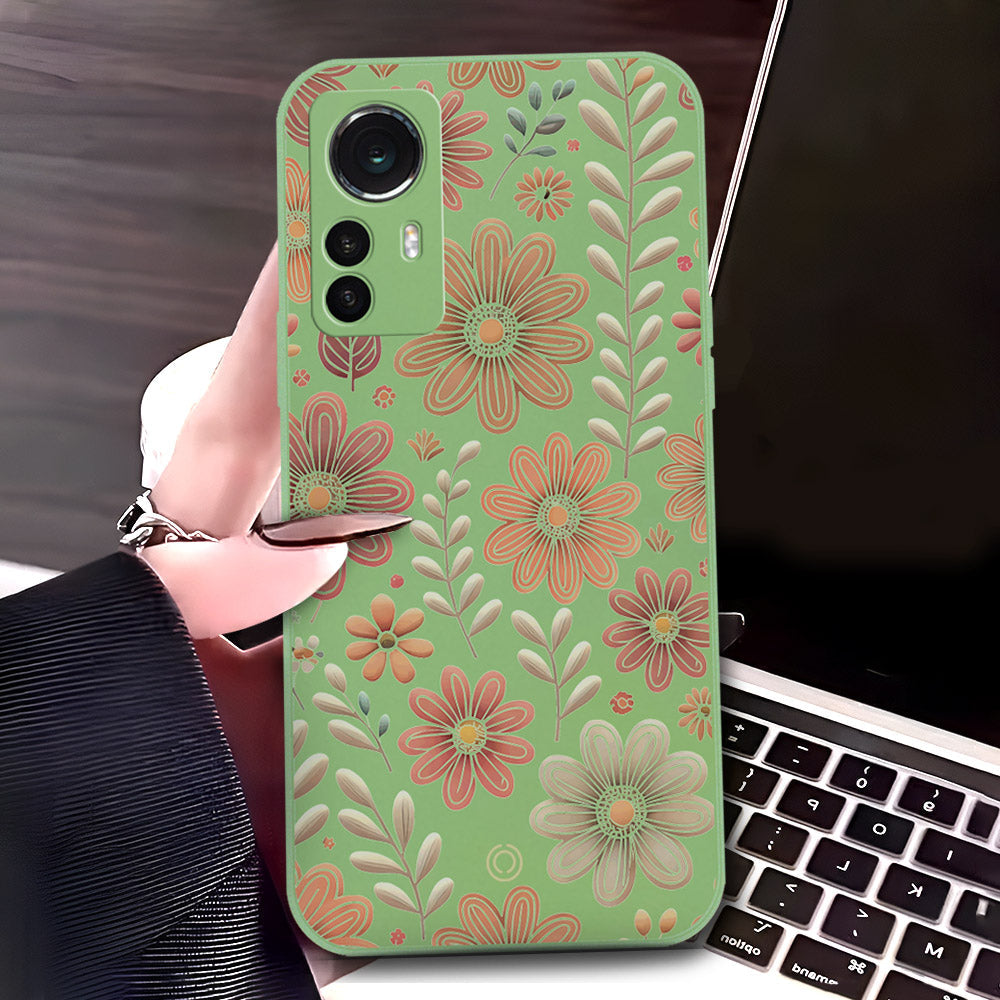Xiaomi 12 Cover - Light Green - D4 - ONation Floral Series - HQ Liquid Silicone Soft Case