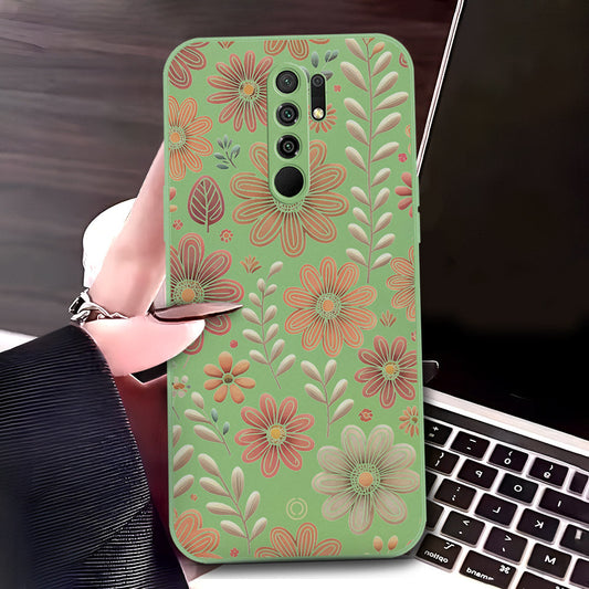 Xiaomi Redmi 9 Cover - Light Green - D4 - ONation Floral Series - HQ Liquid Silicone Soft Case