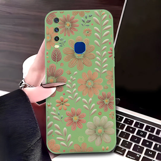 Vivo Y17 Cover - Light Green - D4 - ONation Floral Series - HQ Liquid Silicone Soft Case