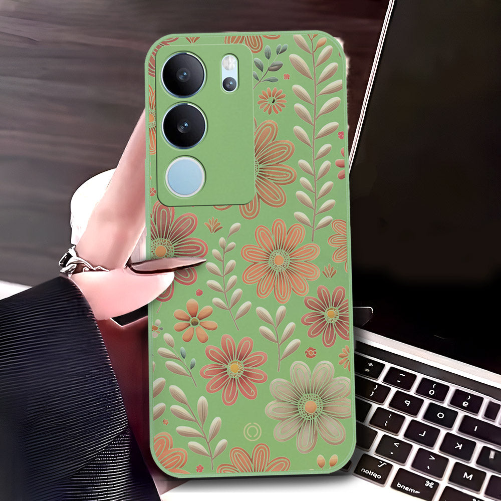 Vivo V29 Cover - Light Green - D4 - ONation Floral Series - HQ Liquid Silicone Soft Case