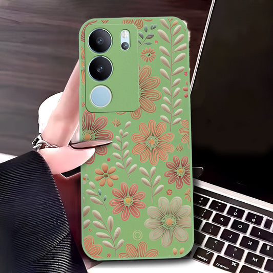 Vivo V29 Cover - Light Green - D4 - ONation Floral Series - HQ Liquid Silicone Soft Case