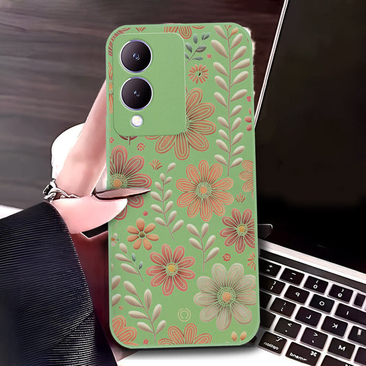 Vivo Y17s Cover - Light Green - D4 - ONation Floral Series - HQ Liquid Silicone Soft Case
