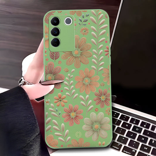 Vivo V27e Cover - Light Green - D4 - ONation Floral Series - HQ Liquid Silicone Soft Case
