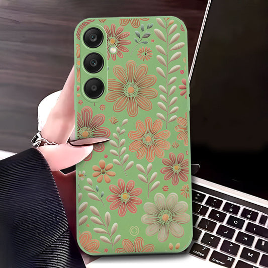 Samsung Galaxy S24 Ultra Cover - Light Green - D4 - ONation Floral Series - HQ Liquid Silicone Soft Case