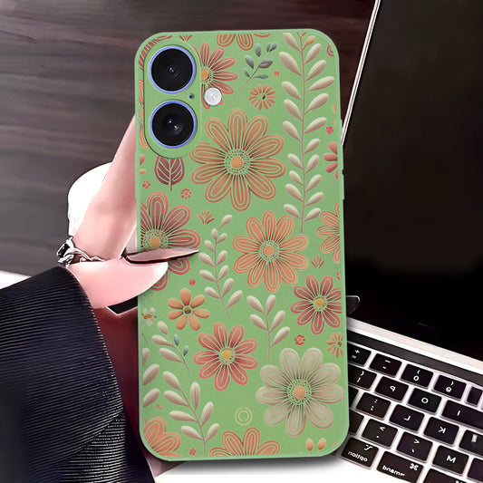iPhone 16 Cover - Light Green - D4 - ONation Floral Series - HQ Liquid Silicone Soft Case