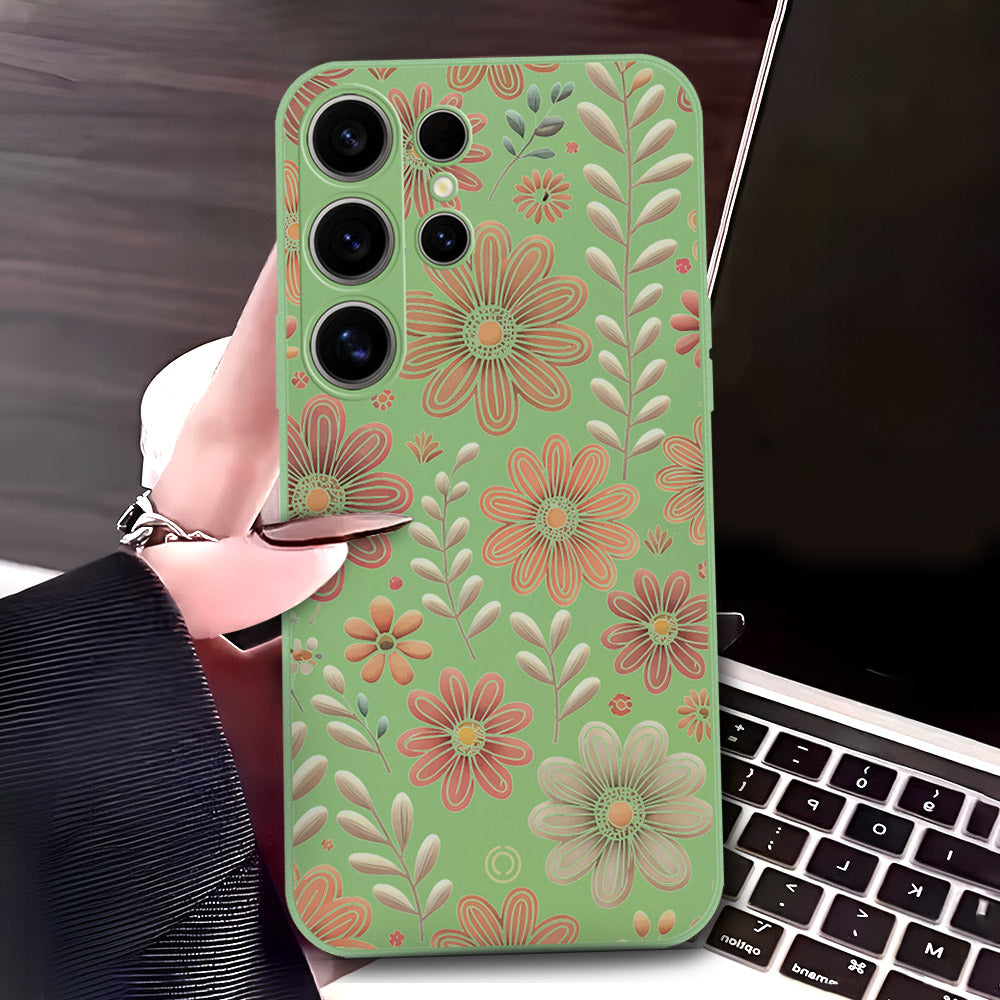 Samsung Galaxy S25 Ultra Cover - Light Green - D4 - ONation Floral Series - HQ Liquid Silicone Soft Case