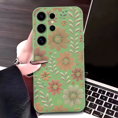 Samsung Galaxy S25 Ultra Cover - Light Green - D4 - ONation Floral Series - HQ Liquid Silicone Soft Case