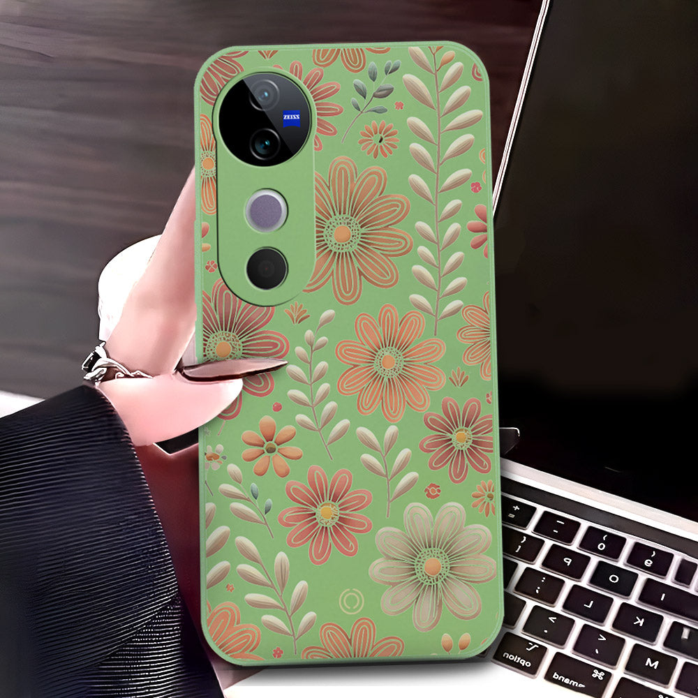 Vivo V40 Cover - Light Green - D4 - ONation Floral Series - HQ Liquid Silicone Soft Case