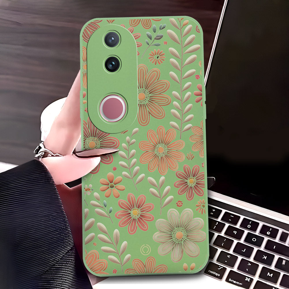 Vivo V50 Cover - Light Green - D4 - ONation Floral Series - HQ Liquid Silicone Soft Case