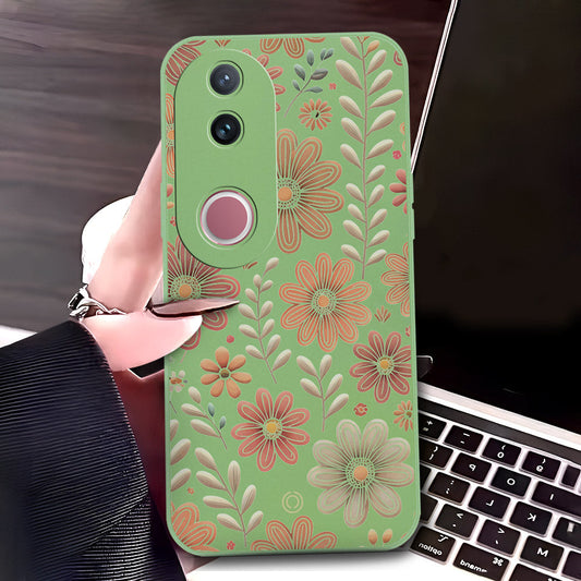 Vivo V50 Cover - Light Green - D4 - ONation Floral Series - HQ Liquid Silicone Soft Case
