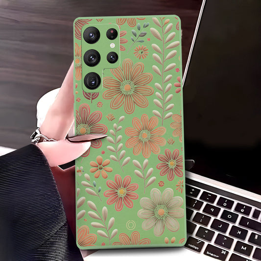 Samsung Galaxy S22 Ultra 5G Cover - Light Green - D4 - ONation Floral Series - HQ Liquid Silicone Soft Case