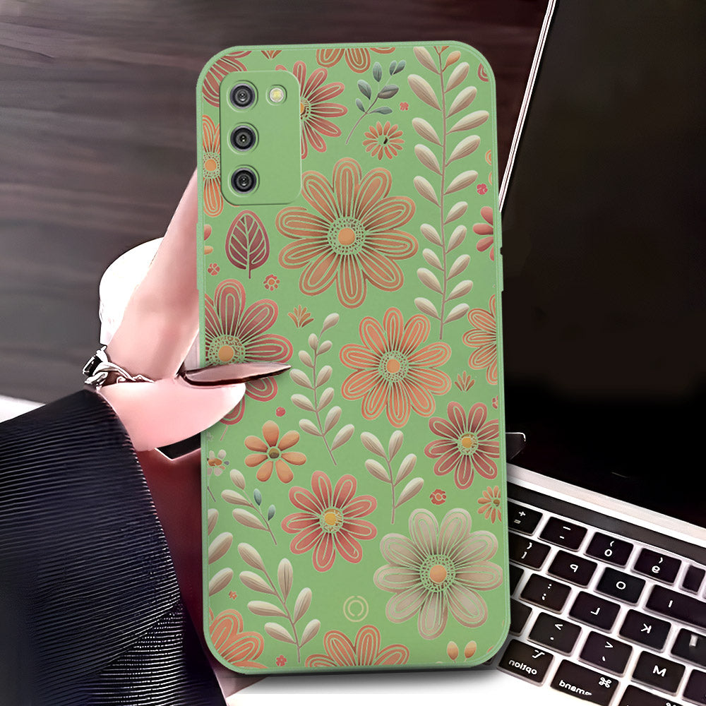 Samsung Galaxy M02s Cover - Light Green - D4 - ONation Floral Series - HQ Liquid Silicone Soft Case
