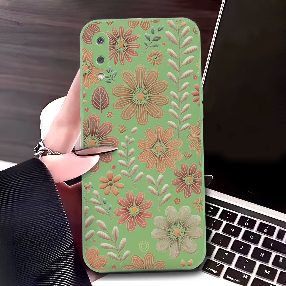 Samsung Galaxy M02 Cover - Light Green - D4 - ONation Floral Series - HQ Liquid Silicone Soft Case